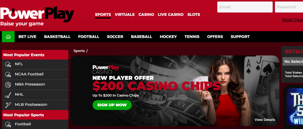 Startsida för Power Play casino.